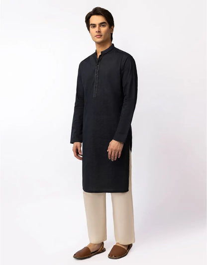 Men’s Premium Stitched Black Cotton Kurta - Elegant Embroidery Details