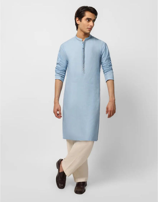 Men’s Premium Stitched Sky Blue Cotton Kurta - Elegant Embroidery Details