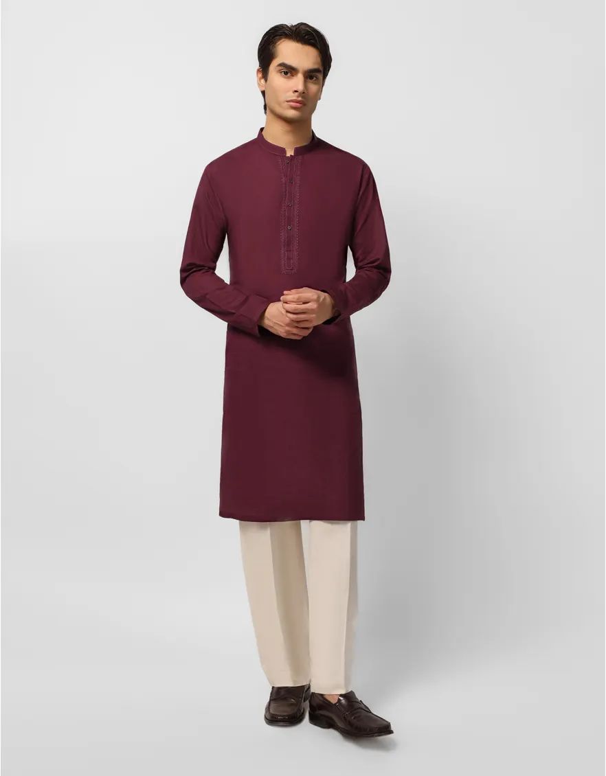 Men’s Premium Stitched Mehroon Cotton Kurta - Elegant Embroidery Details