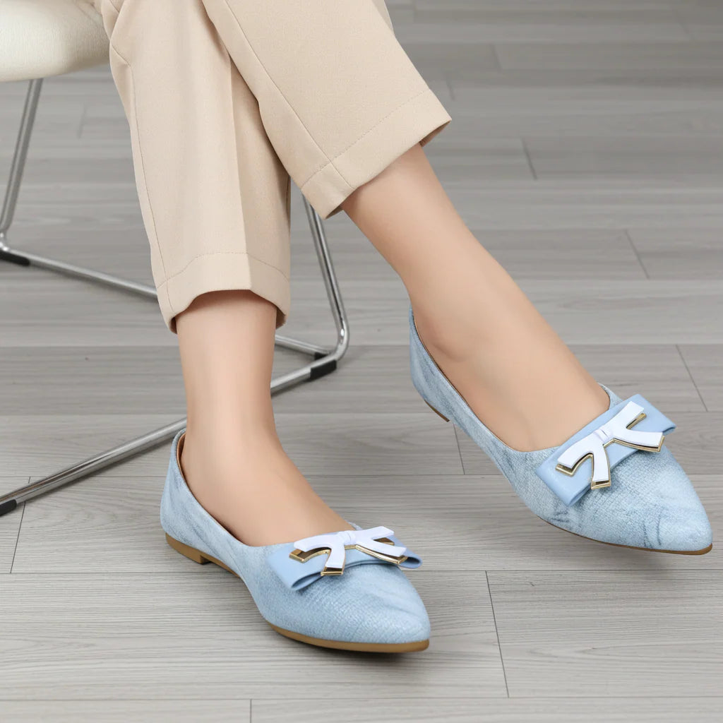 Women's Elegant Bow-Detail Pointed-Toe Flats - Soft Sky Blue Pumps